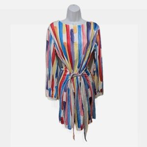 NWT Pink Daisy Rainbow Long Sleeve Tie Waist Dress L Artsy City Colorful drs5.7